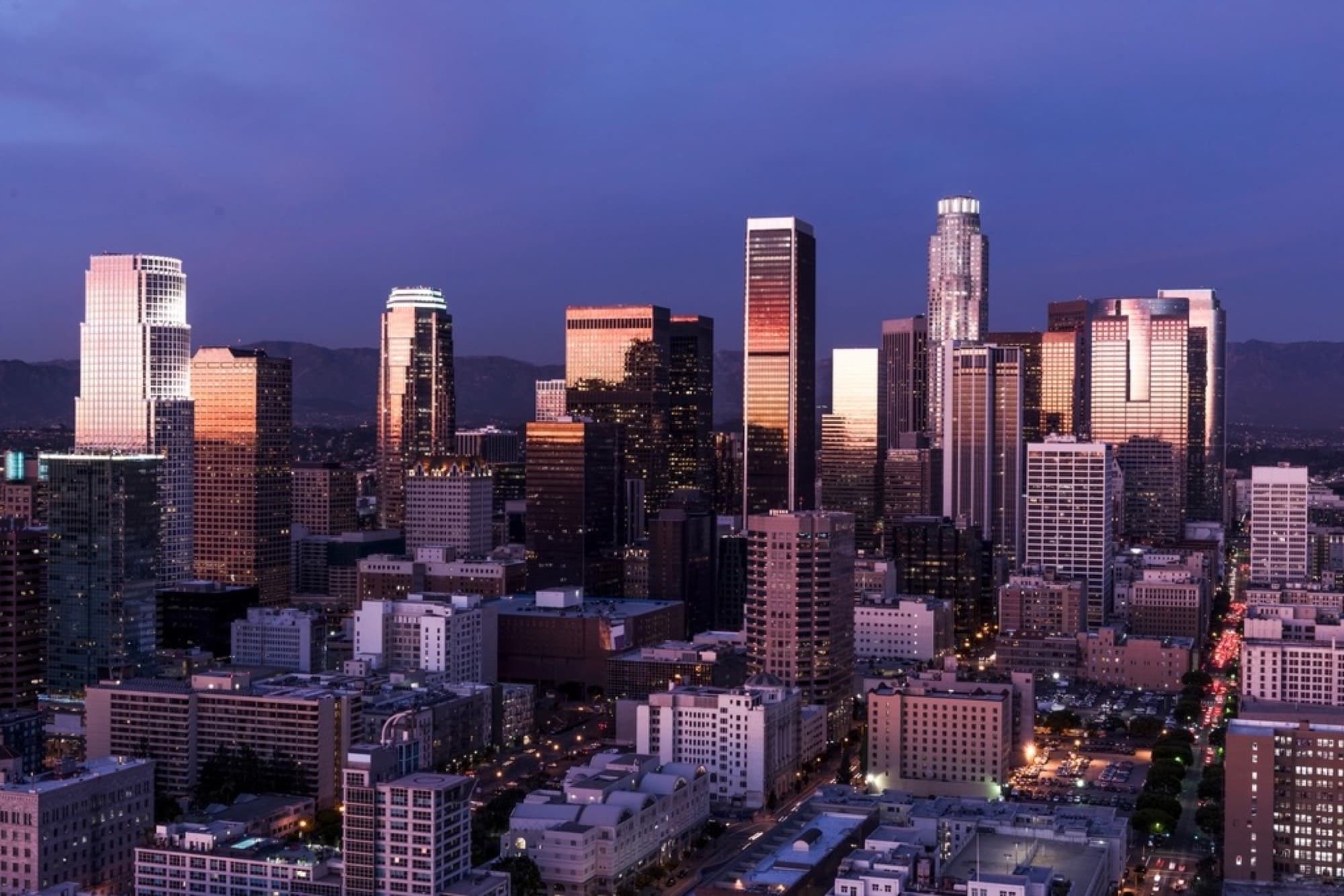 The downtown Los Angeles skyline at dusk